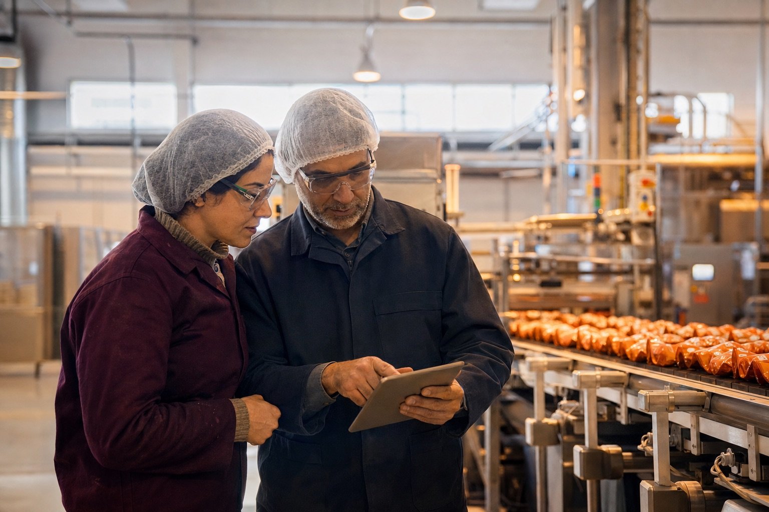 Especialistas usando tecnología dentro de una planta agroindustrial